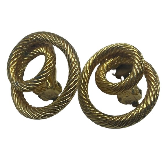 Gold Tone Metal Twisted Rope Swirl Cable Clip-on Earrings Vintage Womens - Picture 1 of 16